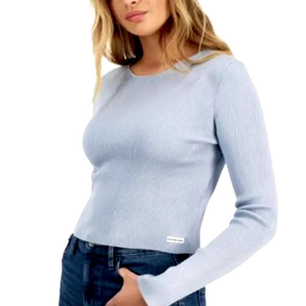 NWT Calvin Klein Rib Knit Long Sleeve Crew Sweater Top Pale Blue Metallic Silver
